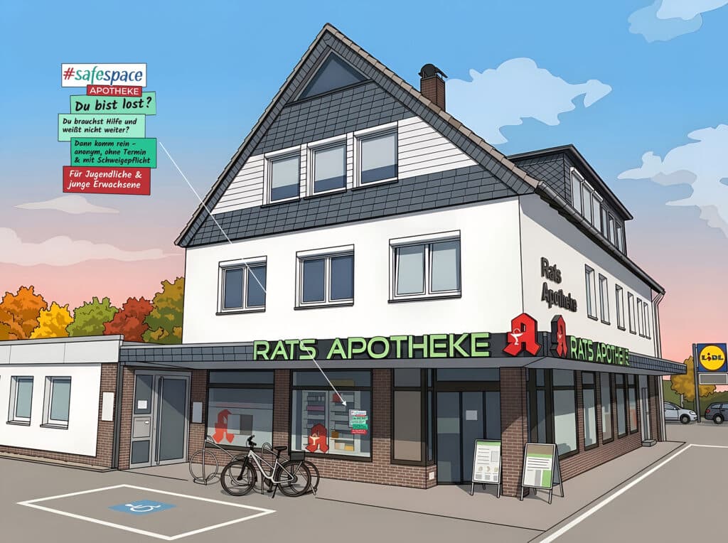 Eine moderne Apotheke namens „Rats Apotheke“ an einer Straßenecke, vor der Fahrräder geparkt sind. Ein buntes Schild wirbt für einen sicheren Ort für Jugendliche. Im Hintergrund ist ein Lidl-Supermarkt zu sehen. Der Himmel ist klar, was auf den frühen Abend hindeutet.