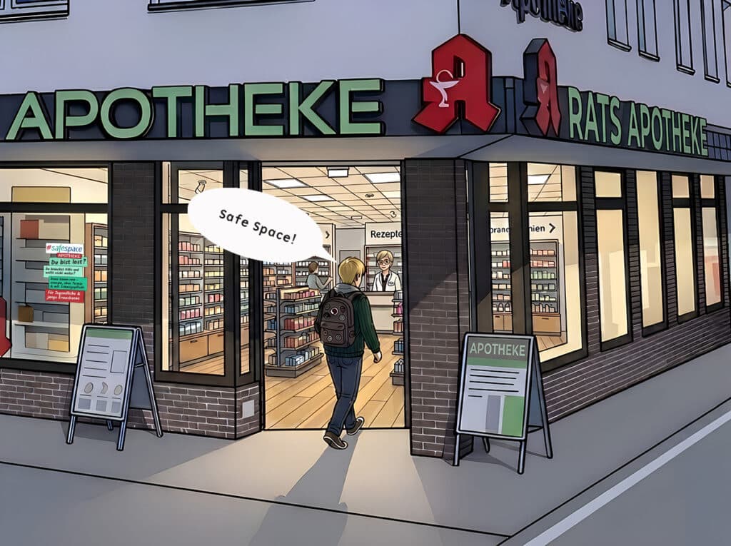 Eine Person mit einem Rucksack betritt eine Apotheke namens „Rats Apotheke“. Im Inneren stehen zwei Apotheker, und in einer Sprechblase steht: „Safe Space!“. Der Eingangsbereich ist gut beleuchtet, Schilder und Auslagen sind gut sichtbar.
