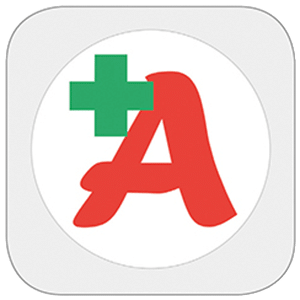 Ein roter Buchstabe A mit einem grünen Ärztekreuz oben links, zentriert auf einem weißen kreisförmigen Hintergrund mit einem hellgrauen abgerundeten quadratischen Rand.