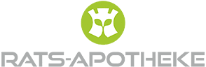 Logo für die Rats-Apotheke mit einem grünen kreisförmigen Emblem mit einem stilisierten weißen Mörser und Stößel, Teil des Standard-Kits, über dem grauen Text RATS-APOTHEKE in fetten Großbuchstaben.