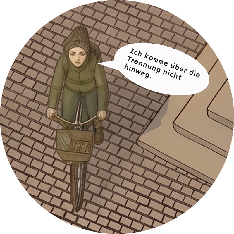 Eine gezeichnete Frau in grüner Kleidung fährt mit dem Fahrrad auf einer Kopfsteinpflasterstraße und sagt auf Deutsch: „Ich komme über die Trennung nicht hinweg“, was so viel bedeutet wie: „Ich komme nicht über die Trennung hinweg.“.