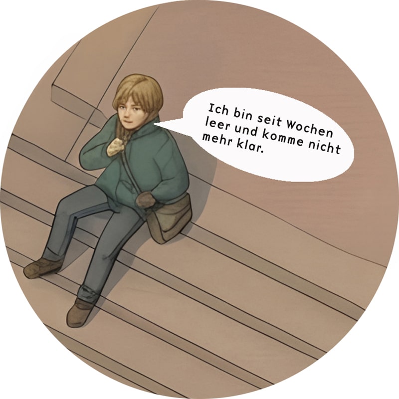 Eine Person mit kurzen Haaren, die eine grüne Jacke und eine braune Tasche trägt, sitzt auf einer Treppe und sagt auf Deutsch: „Ich bin seit Wochen leer und komme nicht mehr klar.“.