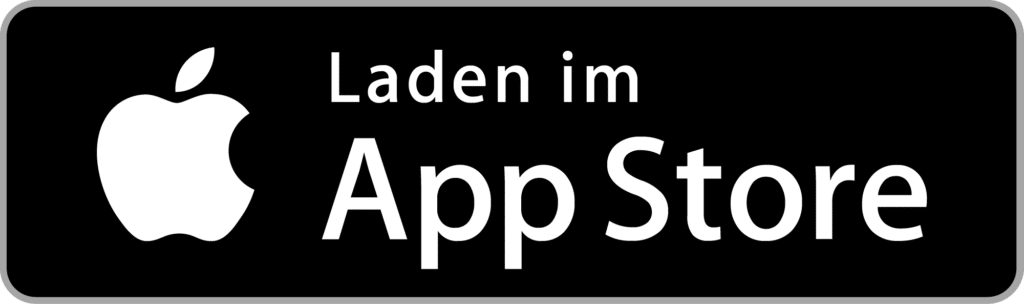 Schwarze rechteckige Schaltfläche mit dem weißen Apple-Logo auf der linken Seite und dem deutschen Text Laden im App Store auf der rechten Seite, der auf einen Link zum Herunterladen einer App aus dem Apple App Store hinweist.