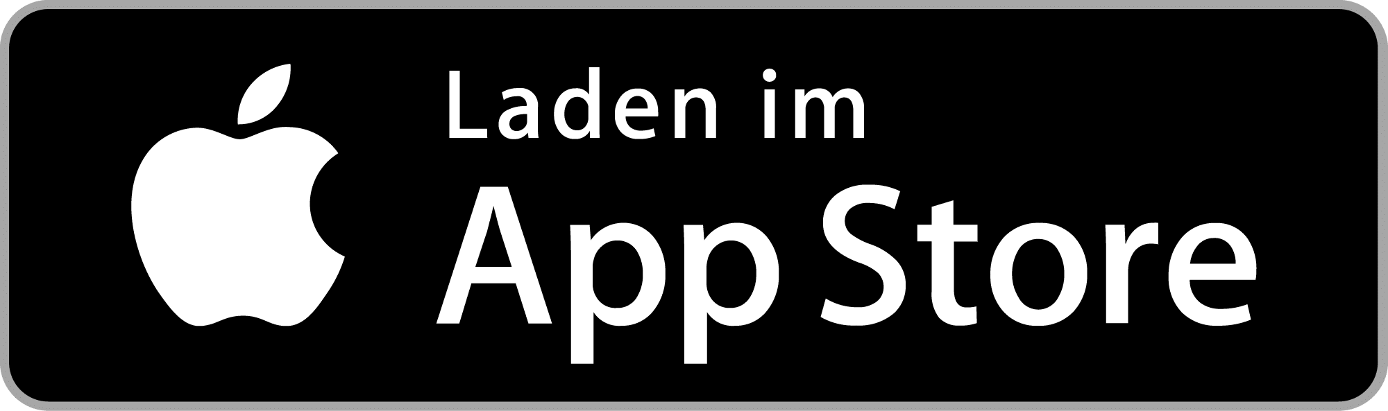 Schwarze rechteckige Schaltfläche mit dem weißen Apple-Logo auf der linken Seite und dem deutschen Text Laden im App Store auf der rechten Seite, der auf einen Link zum Herunterladen einer App aus dem Apple App Store hinweist.