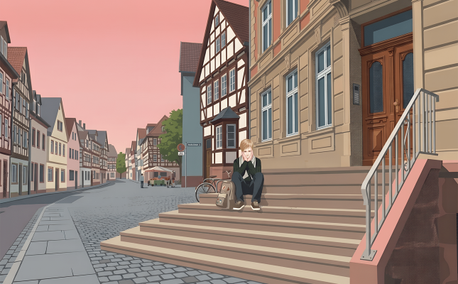 Eine Person sitzt auf breiten Stufen vor einem historischen Gebäude in einer ruhigen europäischen Stadt. Die Straße ist gesäumt von traditionellen Fachwerkhäusern unter einem rosafarbenen Himmel. Ein Fahrrad und eine Tasche stehen in der Nähe.